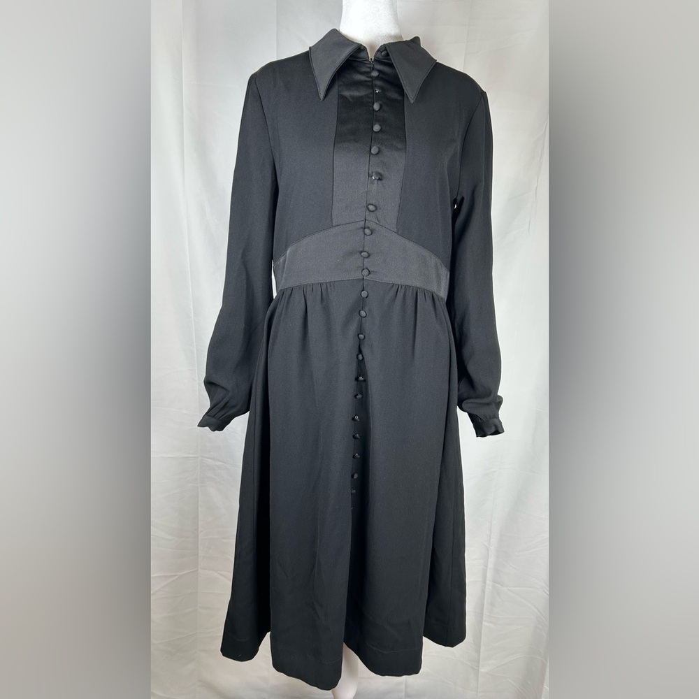 La Simona Black Button Front Midi Dress Size 2 Long Sleeve Collar
